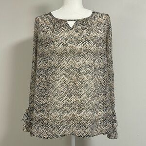 Apt. 9 Semi-Sheer Ruffle Bell Sleeve Blouse Tan Pattern | Size L